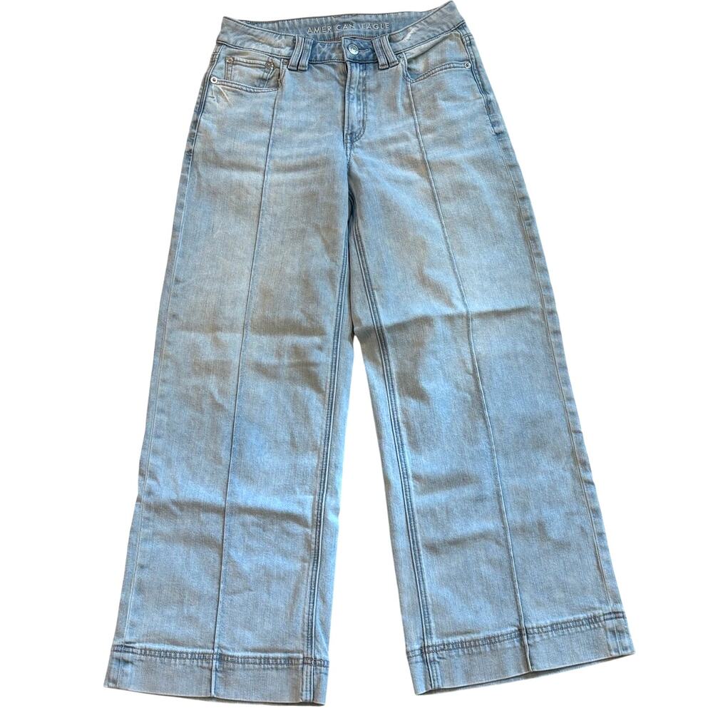 American Eagle Jeans Women Size 00 Short Blue Low Rise Baggy Wide Leg Stretch